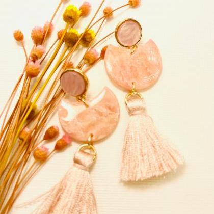 Pink Quartz Tassel Statement Clay Earrings