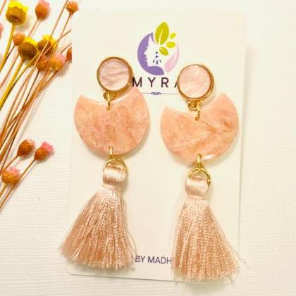 Pink Quartz Tassel Statement Clay Earrings