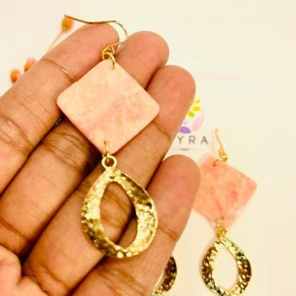 Pink Quartz With Brass Accents Clay Earrings