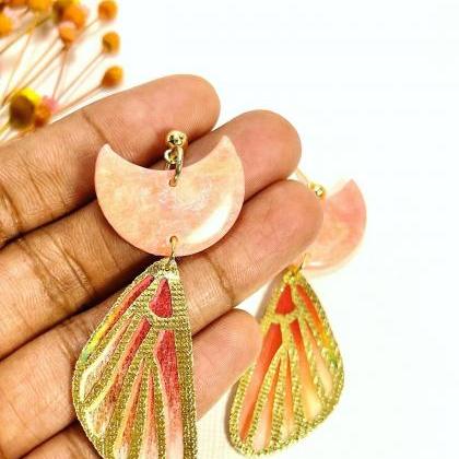 Pink Quartz Dangle Butterfly Wings Earrings