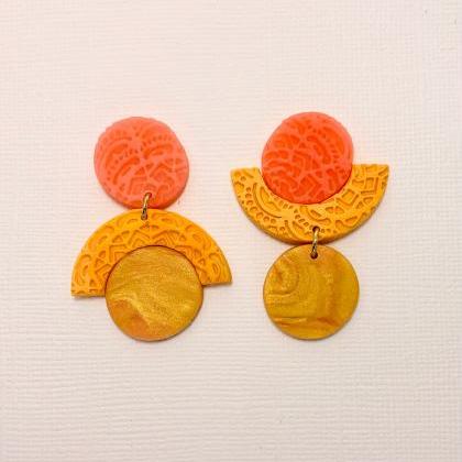 Sunset/melon Orange Textured Polymer Clay Dangle..