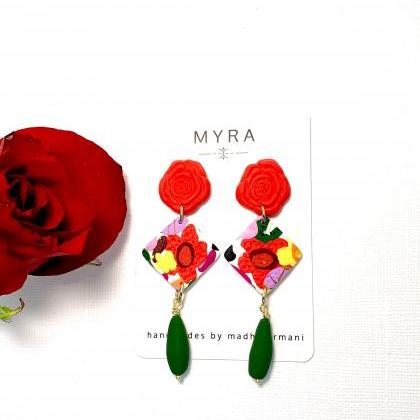 Red Rose Floral Polymer Clay Earrings | Spring..