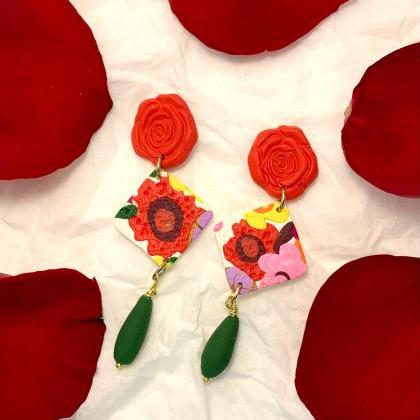 Red Rose Floral Polymer Clay Earrings | Spring..