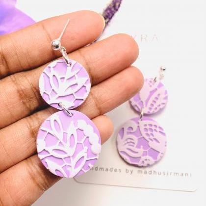 Lilac Lace Textured Dangle Clay Earrings With..
