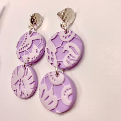 Lilac Lace Textured Dangle Clay Earrings With..