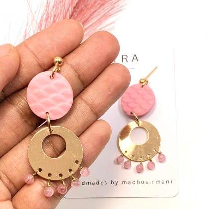 Blush Pink And Gold Accents Polymer Clay Dangle..