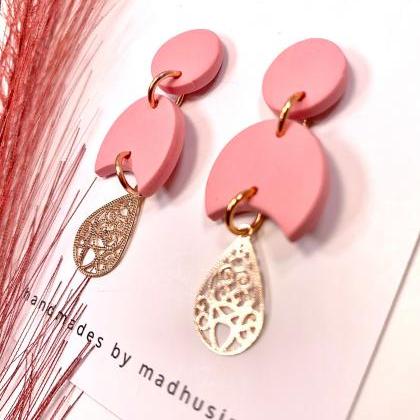 Pink Polymer Clay Dangle Earrings With Gold..