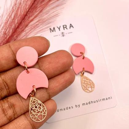 Pink Polymer Clay Dangle Earrings With Gold..