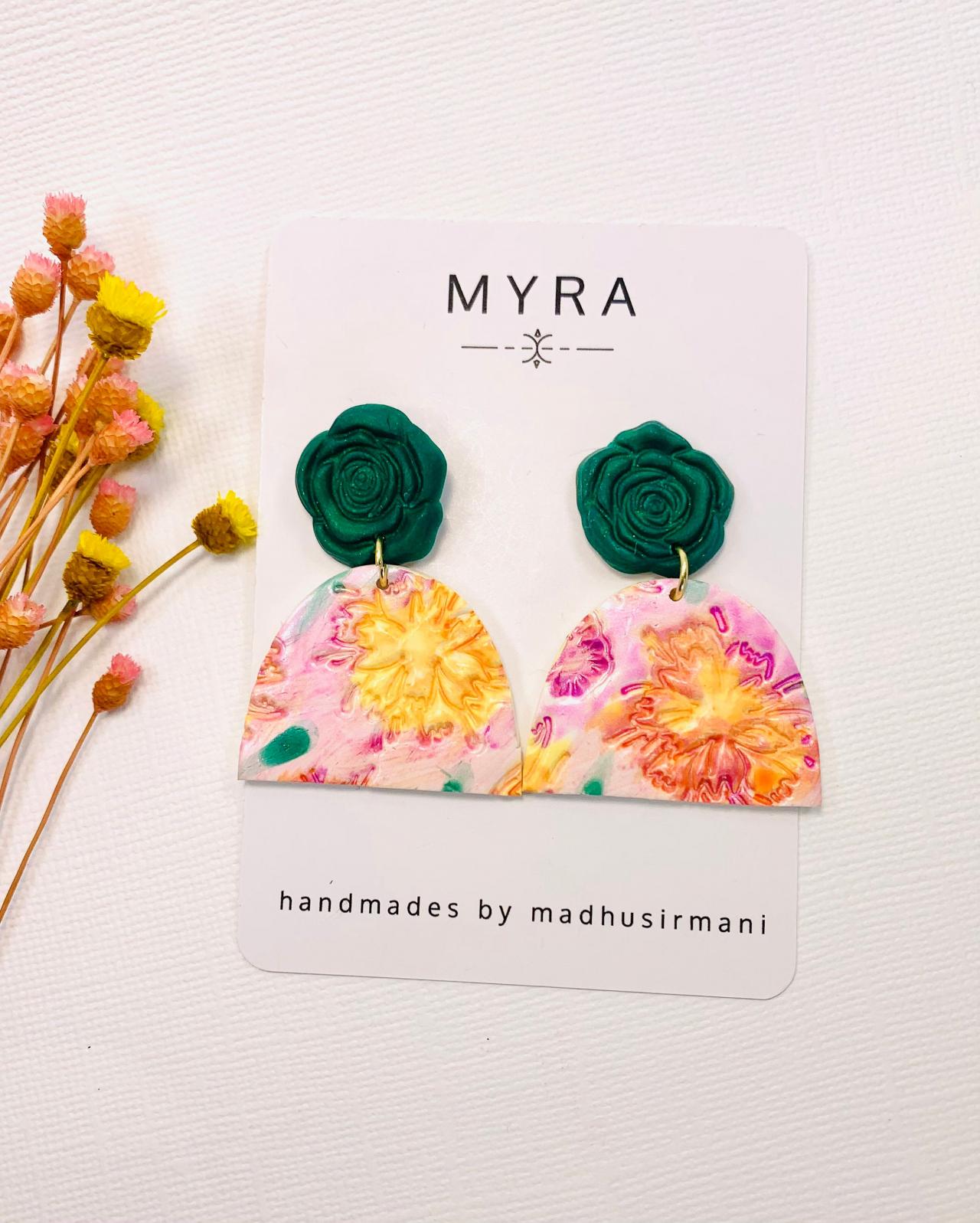 Spring Floral Pink And Yellow Water Color Polymer Clay Dangle Earrings
