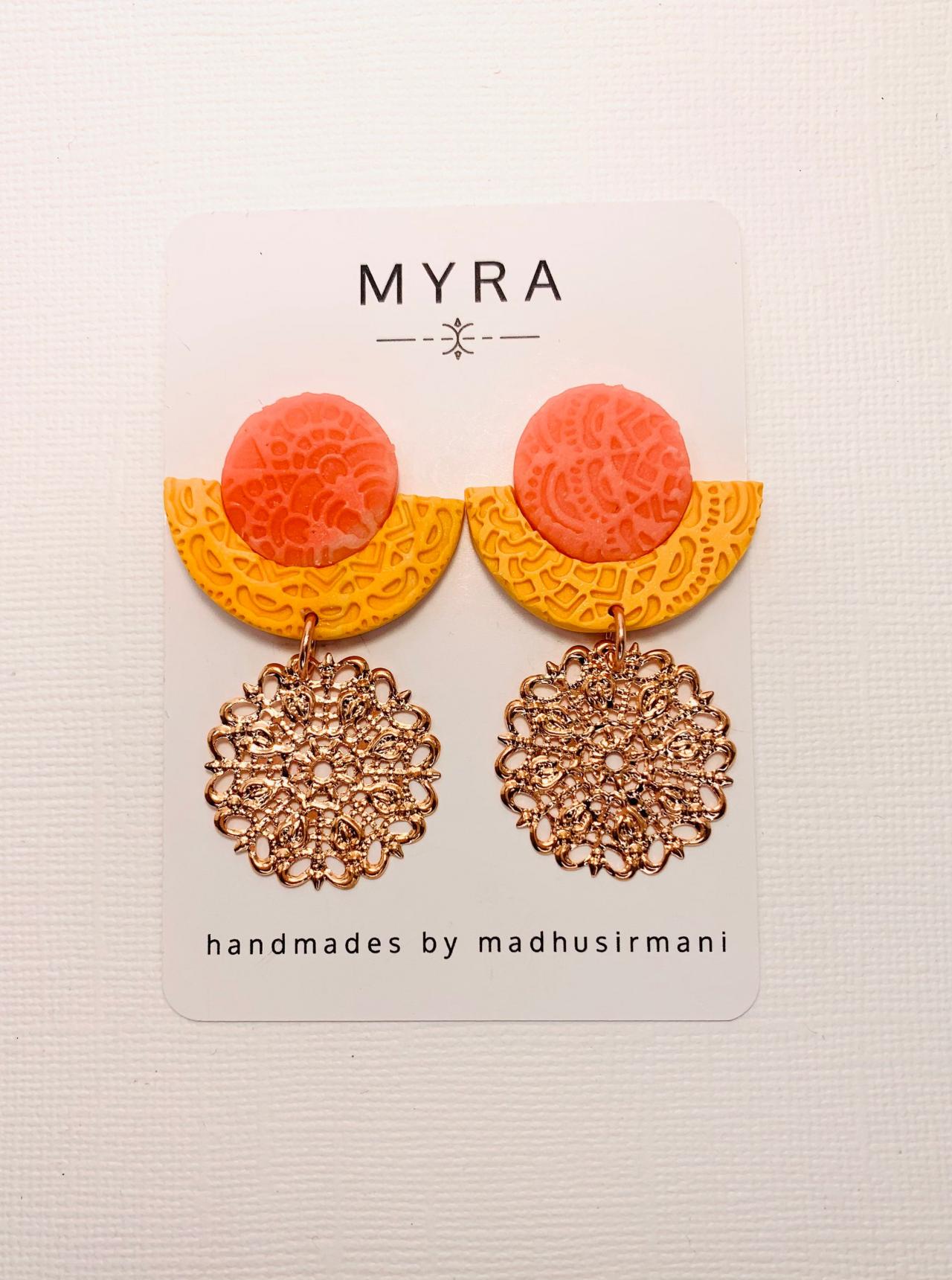 Sunset/melon Orange Textured Polymer Clay Dangle Statement Earrings