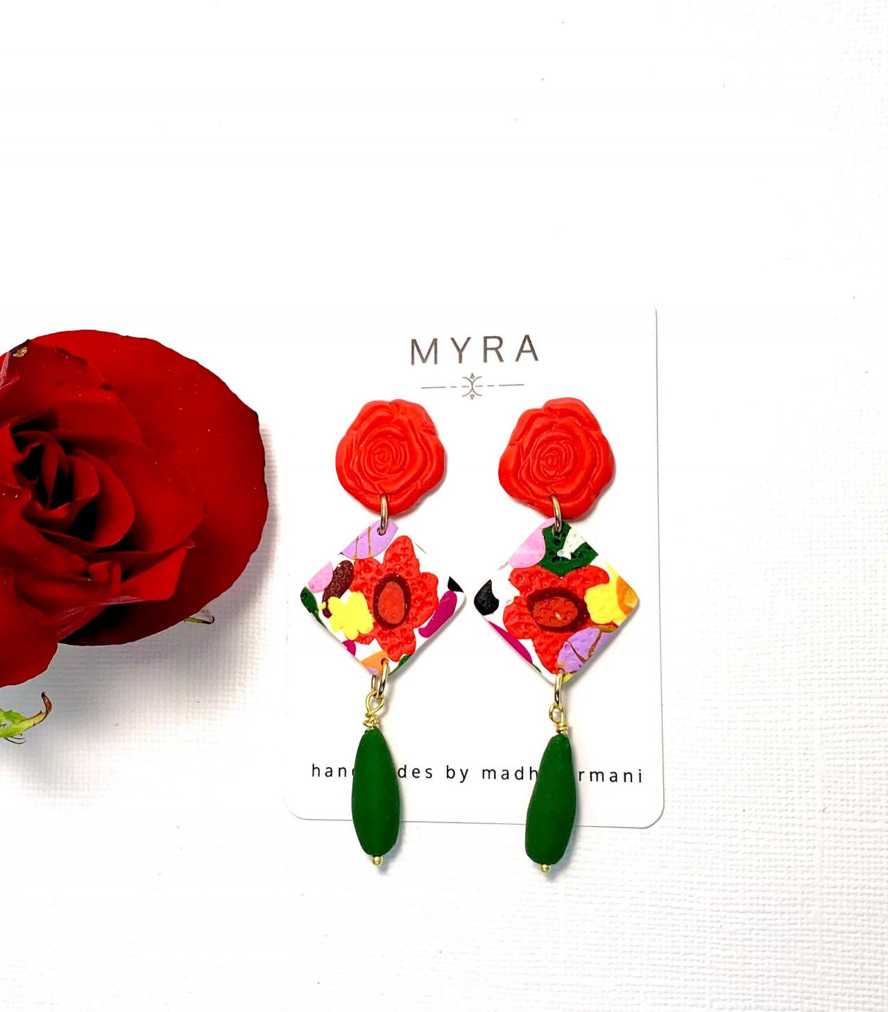 Red Rose Floral Polymer Clay Earrings | Spring Collection