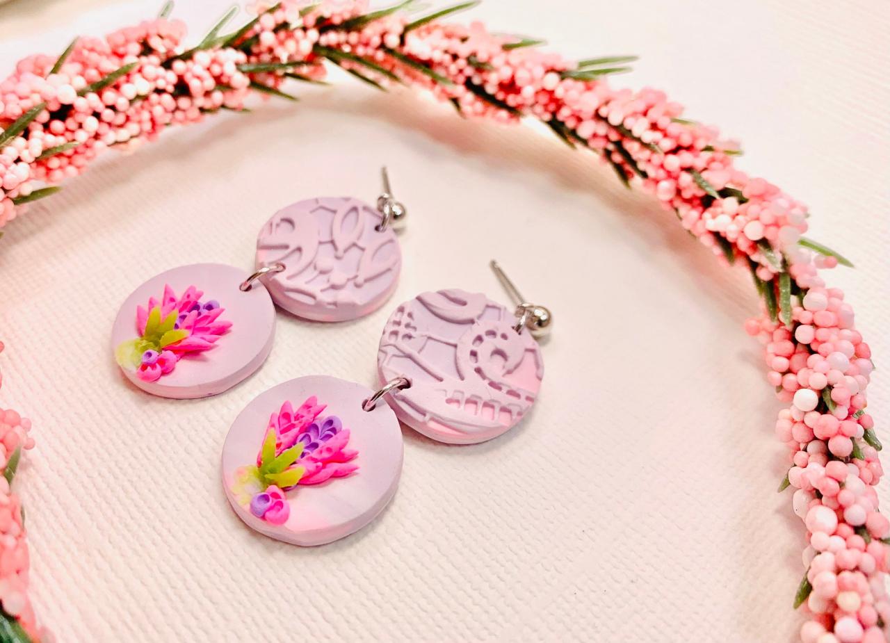 Spring | Pastel Purple and Lace Purple Clay Dangle Earrings| Mothers Day Gifts