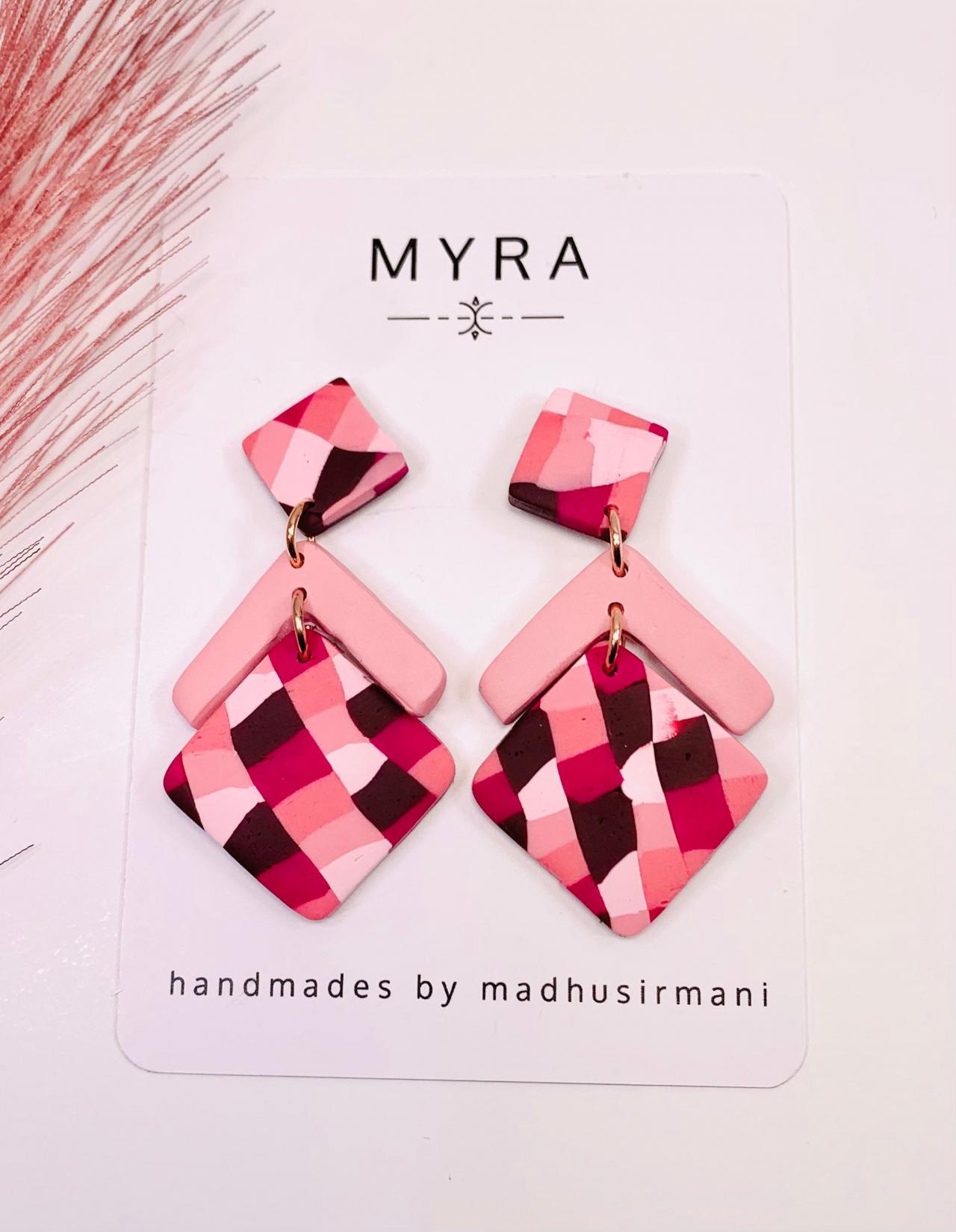 Blush Pink and Bargello Quilt Polymer Clay Statement Earrings | Spring Earrings