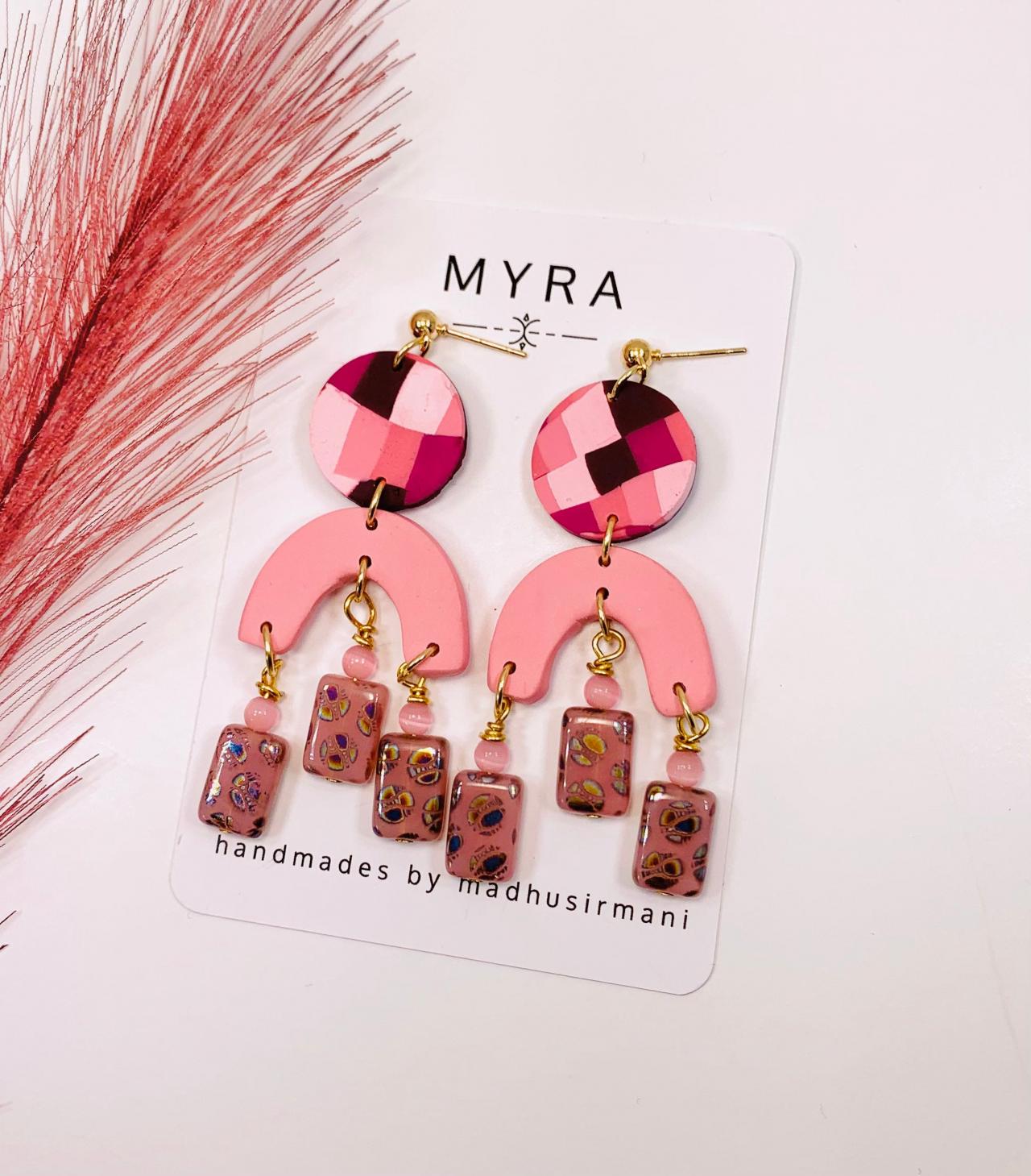 Blush Pink Arch With Pink Beads And Bargello Stud Polymer Clay Statement Earrings
