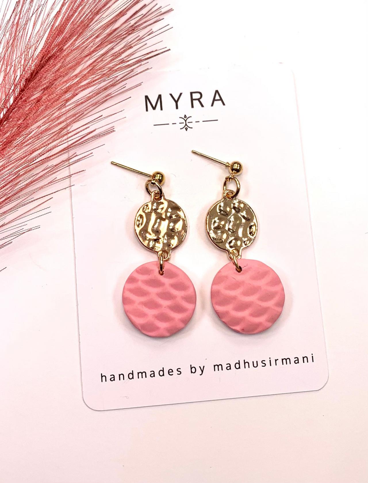 Blush Pink And Gold Accents Polymer Clay Dangle Earrings | Spring Earrings