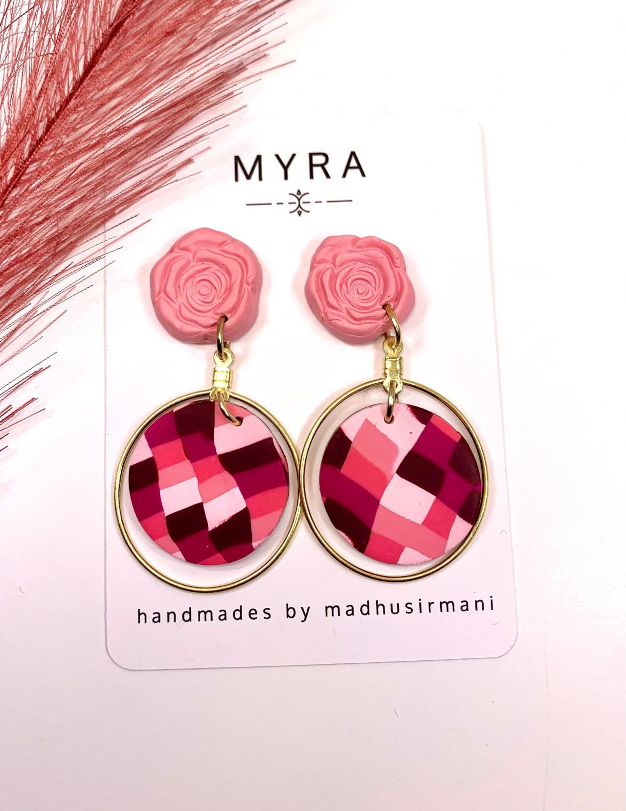 Pink bargello and Rose stud dangle statement polymer clay earrings