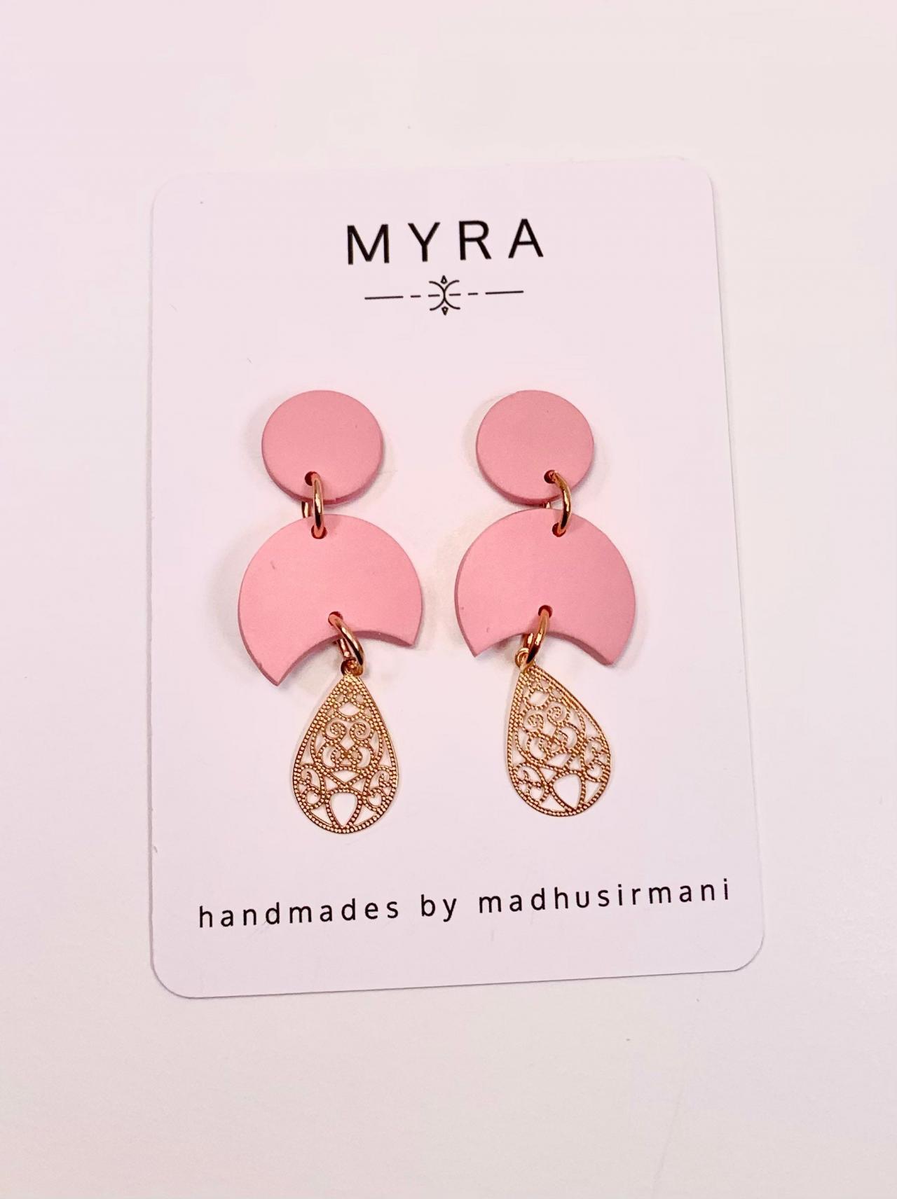 Pink Polymer Clay Dangle Earrings With Gold Accents | Spring Earrings