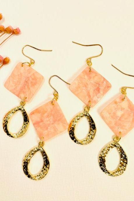 Pink Quartz With Brass Accents Clay Earrings