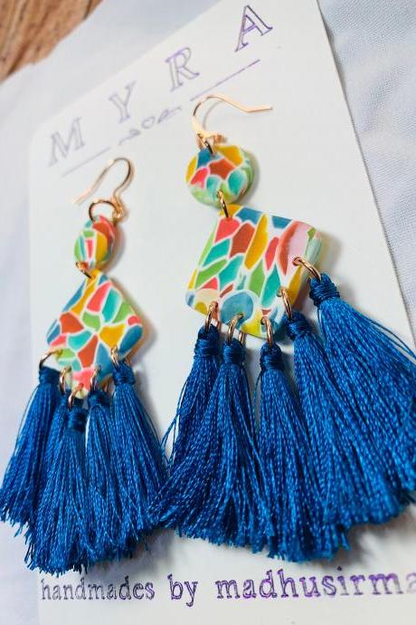 Peacock blue tassel polymer clay statement earrings