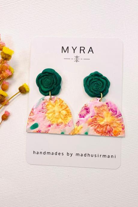 Spring Floral Pink And Yellow Water Color Polymer Clay Dangle Earrings