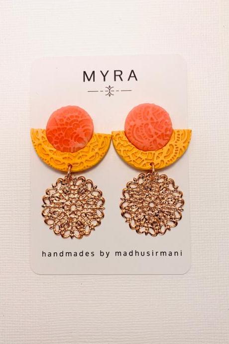 Sunset/Melon Orange Textured Polymer Clay Dangle Statement Earrings