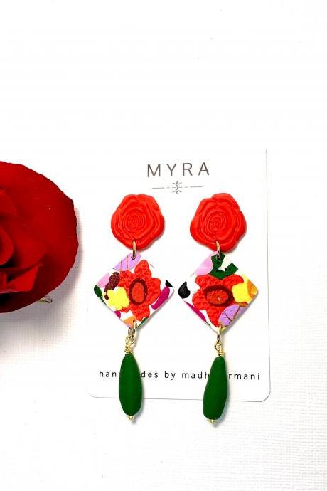 Red Rose Floral Polymer Clay Earrings | Spring Collection