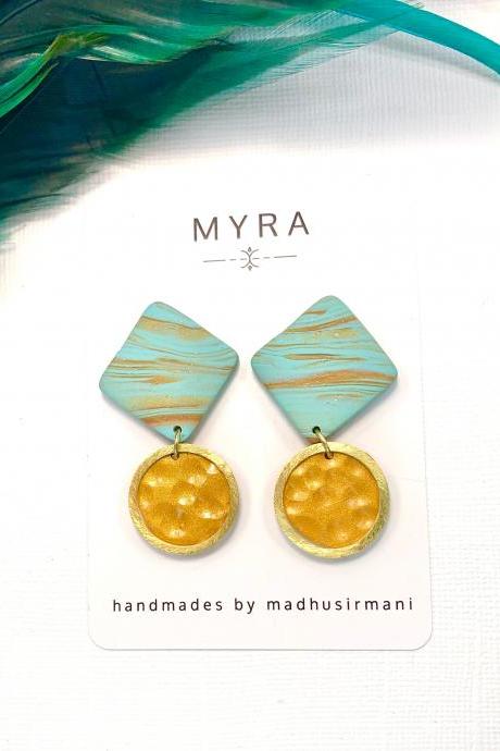 Jade and gold marble polymer clay dangle earrings with brass accents| Spring Collection