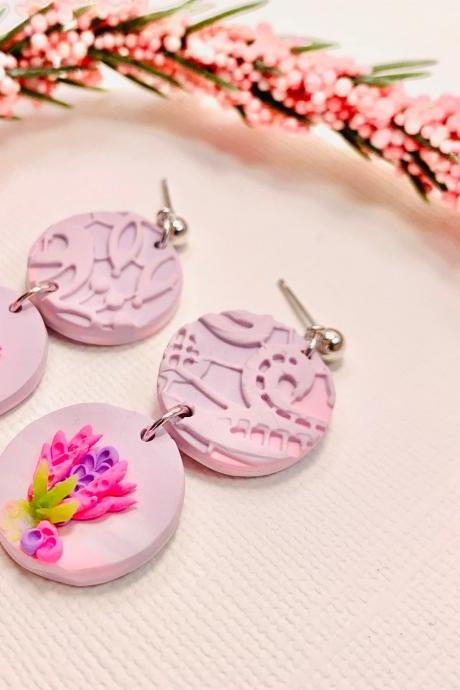 Spring | Pastel Purple and Lace Purple Clay Dangle Earrings| Mothers Day Gifts