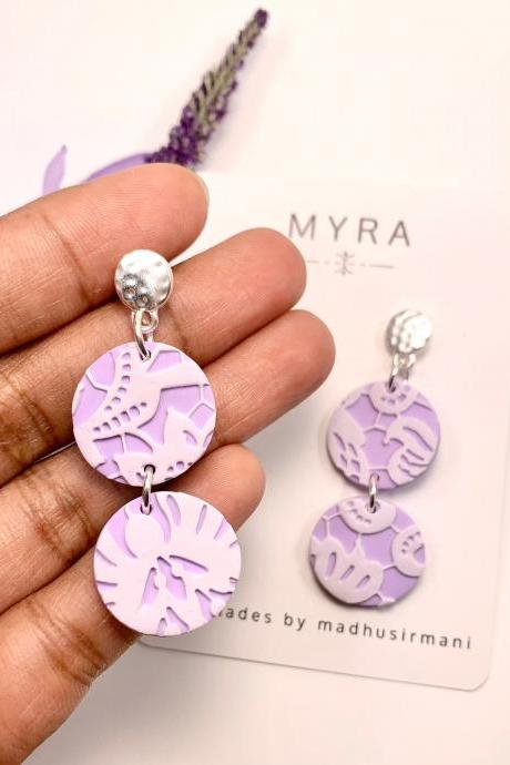 Lilac lace textured dangle clay earrings with metal studs