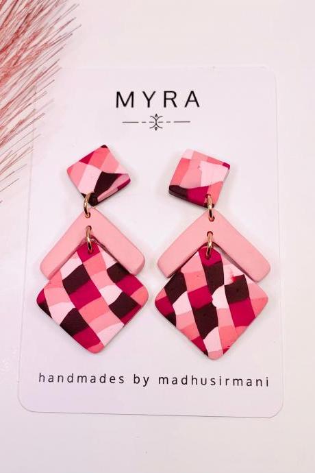 Blush Pink and Bargello Quilt Polymer Clay Statement Earrings | Spring Earrings