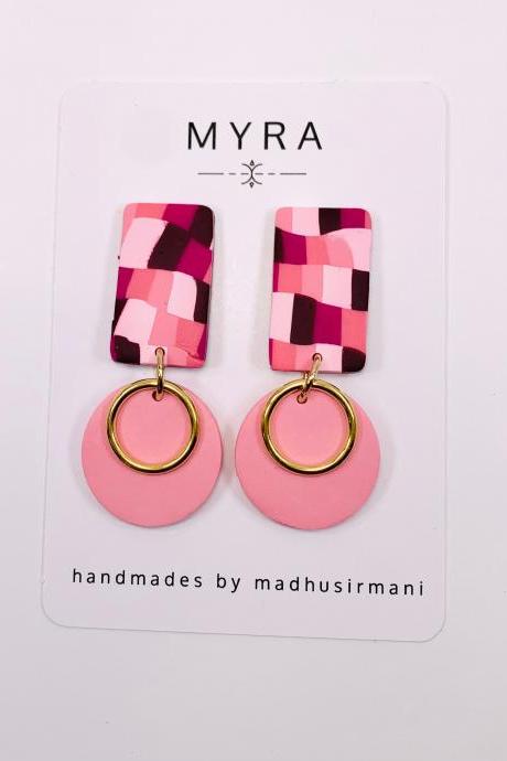 Blush Pink and Bargello Polymer Clay Statement Earrings with Metal Accents