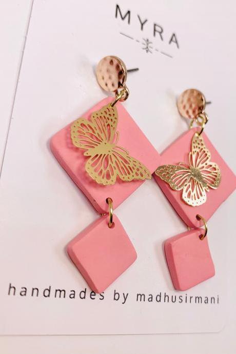 Blush Pink with Butterfly Charm Polymer Clay Statement Earrings | Spring Earrings