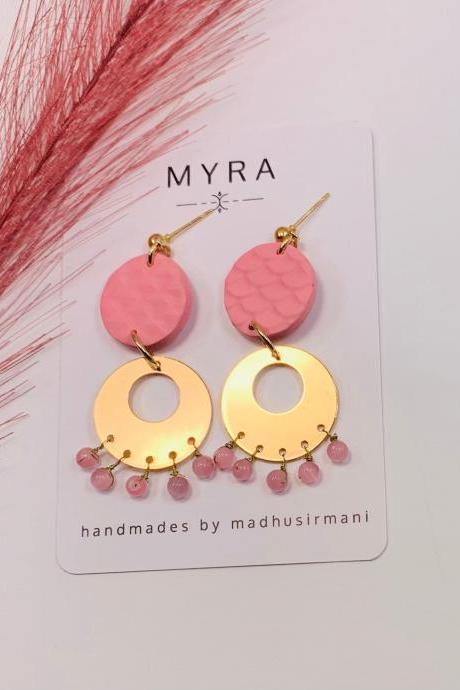 Blush Pink and Gold Accents Polymer Clay Dangle Earrings | Spring Earrings