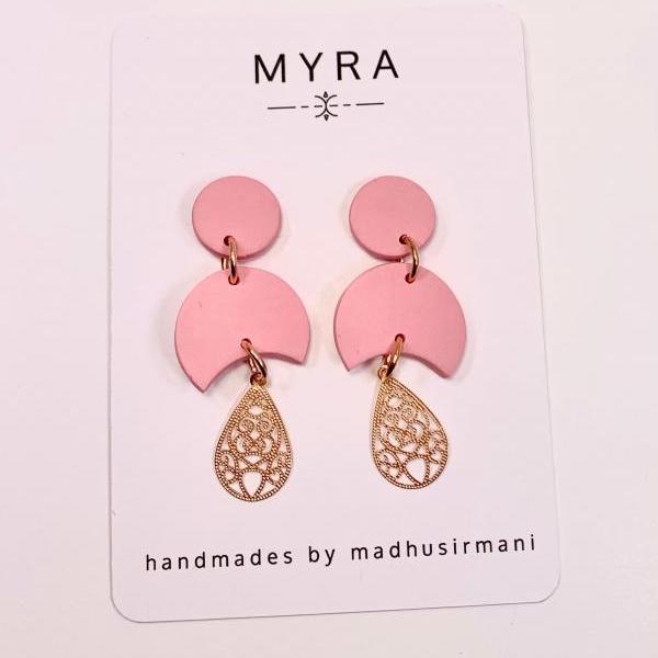 Pink polymer clay dangle earrings with gold accents | spring earrings